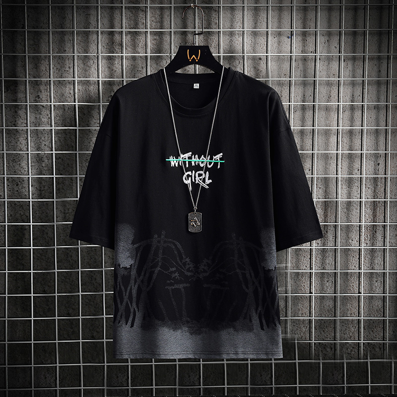 港风T恤男短袖潮流百搭宽松体恤夏季上衣五分半袖字母印花超火cec