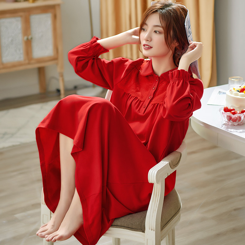 睡裙春秋纯棉长袖红色本命年睡衣裙子孕妇宽松睡裙