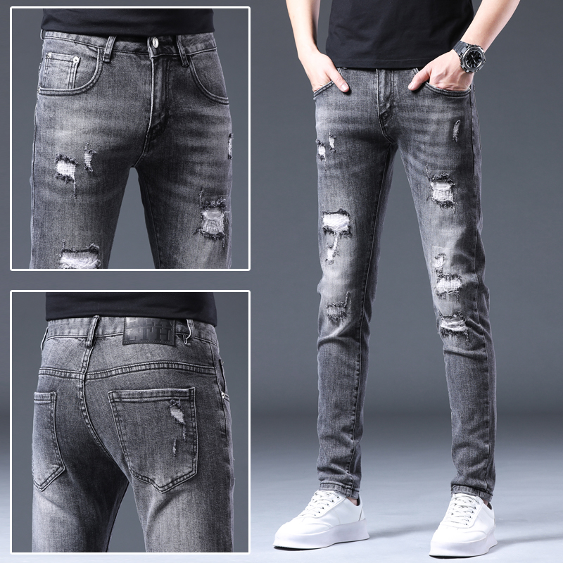 ins潮流薄款牛仔裤男士破洞烟灰色修身小脚夏季新款春秋款男裤子