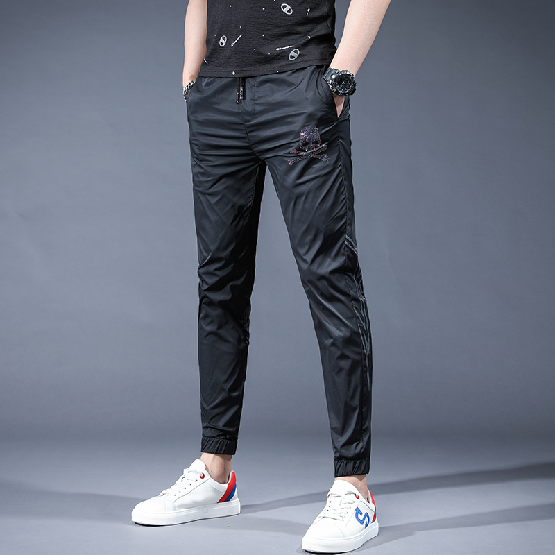 夏季新款超薄冰丝滑料休闲裤男韩版潮流百搭束脚运动裤速干哈伦裤