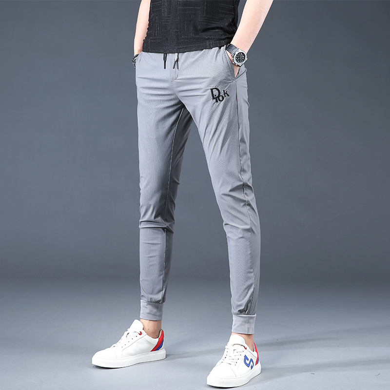 潮牌夏季丝滑冰丝休闲裤男韩版潮流高弹力灰色运动裤透气空调裤子