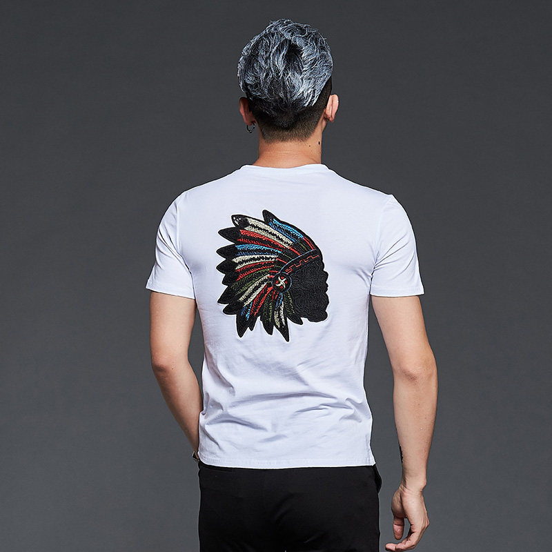 潮流男士纯棉短袖后背印第安人头刺绣图案韩版t恤