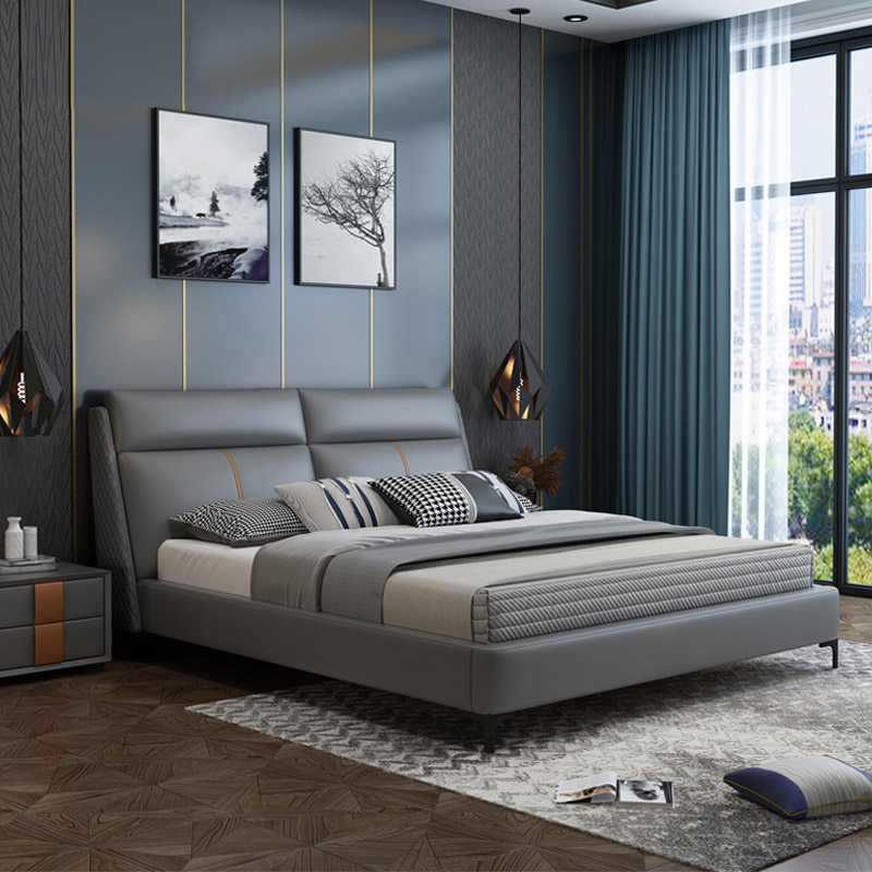 意式极简真皮现代简约双人床灰色皮床1.8米高端床主皮艺床