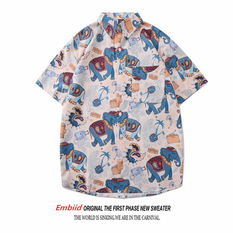 vintage泰国潮牌大象复古名族风短袖衬衫男女度假夏威夷沙滩衬衣