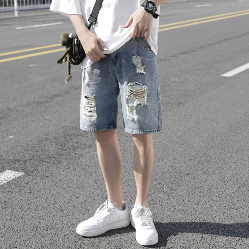 夏季薄款破洞牛仔短裤男2022新款宽松休闲男士五分裤中裤短裤子潮