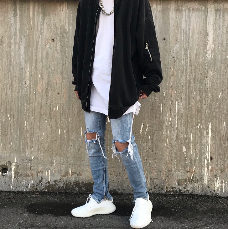 black欧美美高街fog流苏膝盖破洞蓝色弹力拉链牛仔裤