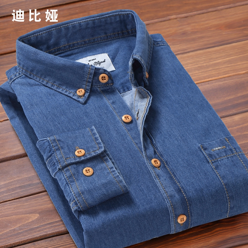 牛仔衬衫男春季休闲长袖纯棉水洗软牛仔衣纯色薄款修身衬衣外套M