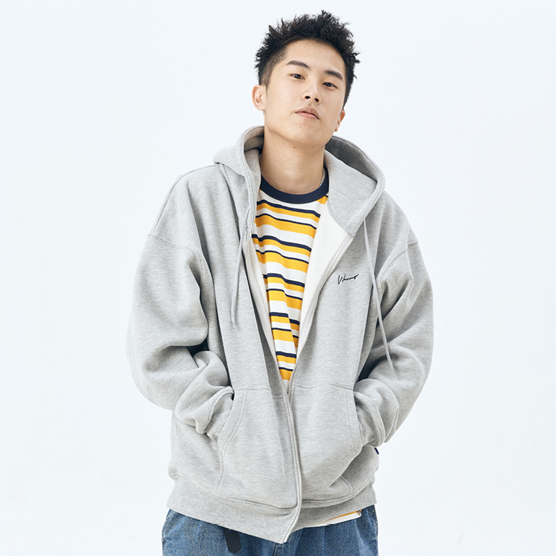 WASSUP潮牌灰色黑色开衫连帽卫衣 宽松加绒拉链外套秋冬男女情侣