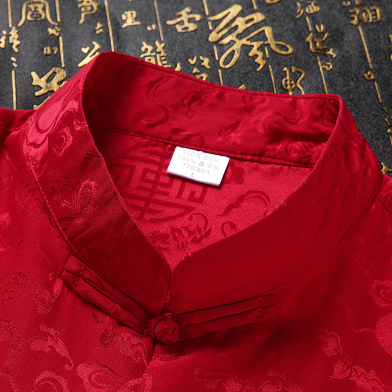 真丝丝绸唐装爸爸装婚礼服中老年爷爷短袖中国唐装