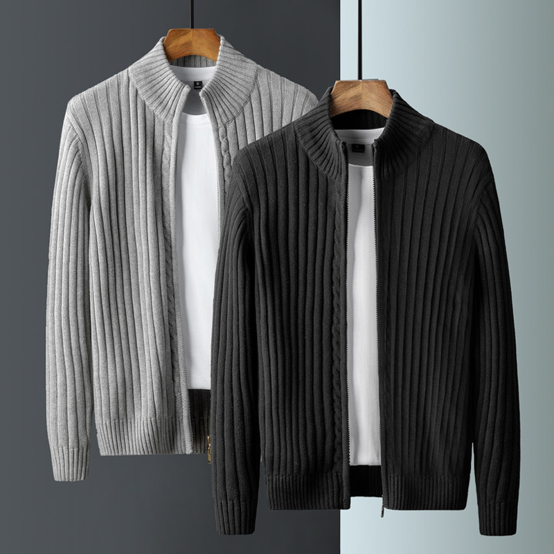 男士高端加绒加厚毛衣外套男秋冬休闲针织衫拉链开衫潮牌外穿上衣