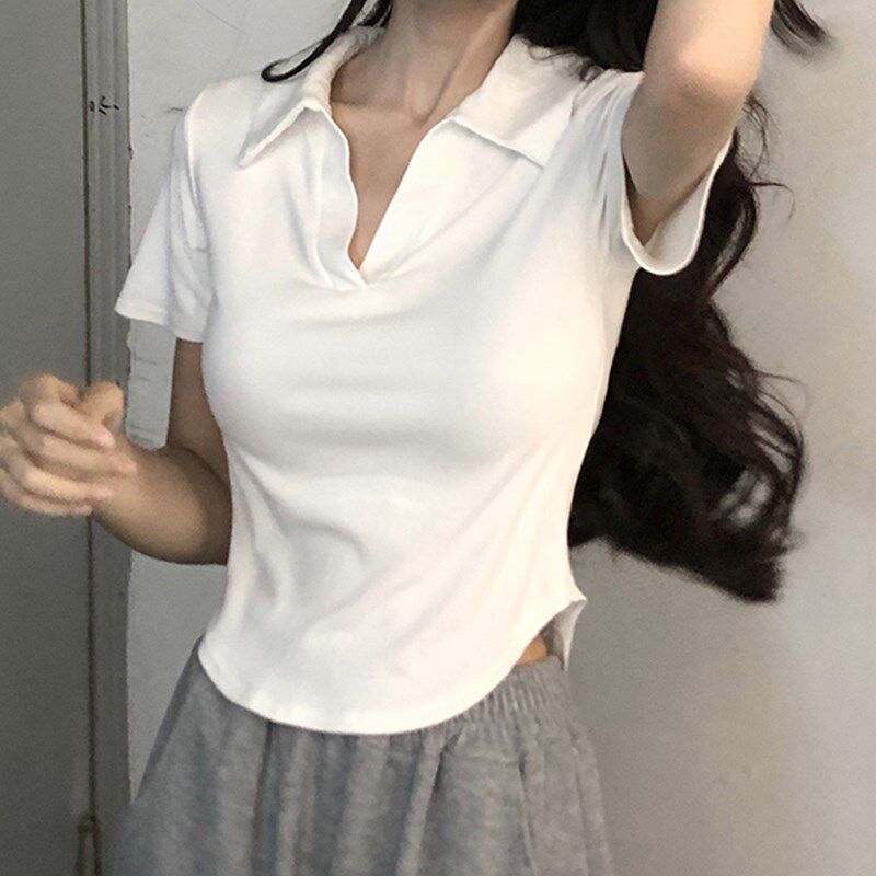 polo领正肩白色t恤女短袖夏季修身高级设计感独特别致短款小上衣