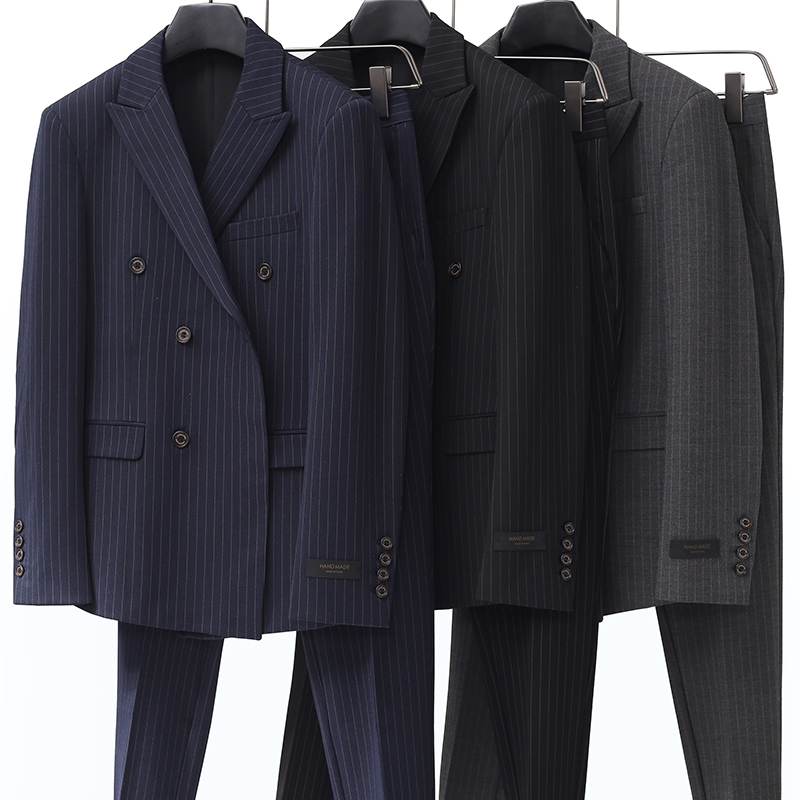 西服套装男士轻奢秋季商务正装两件套英伦潮流条纹小西装职业礼服
