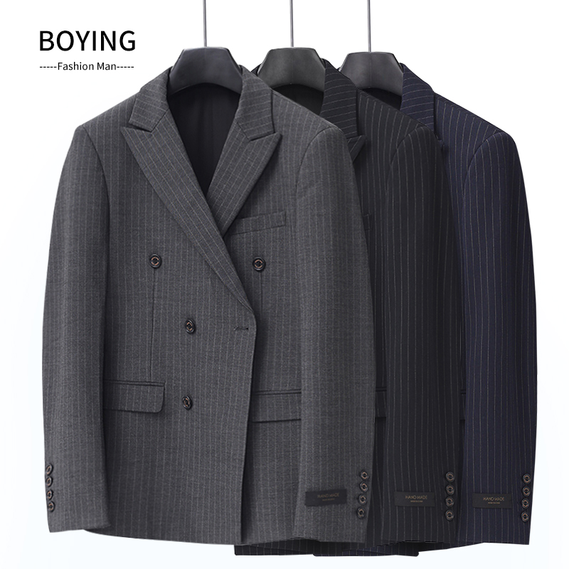 双排扣西服男条纹上衣单件英伦风休闲修身小西装商务秋季单西外套