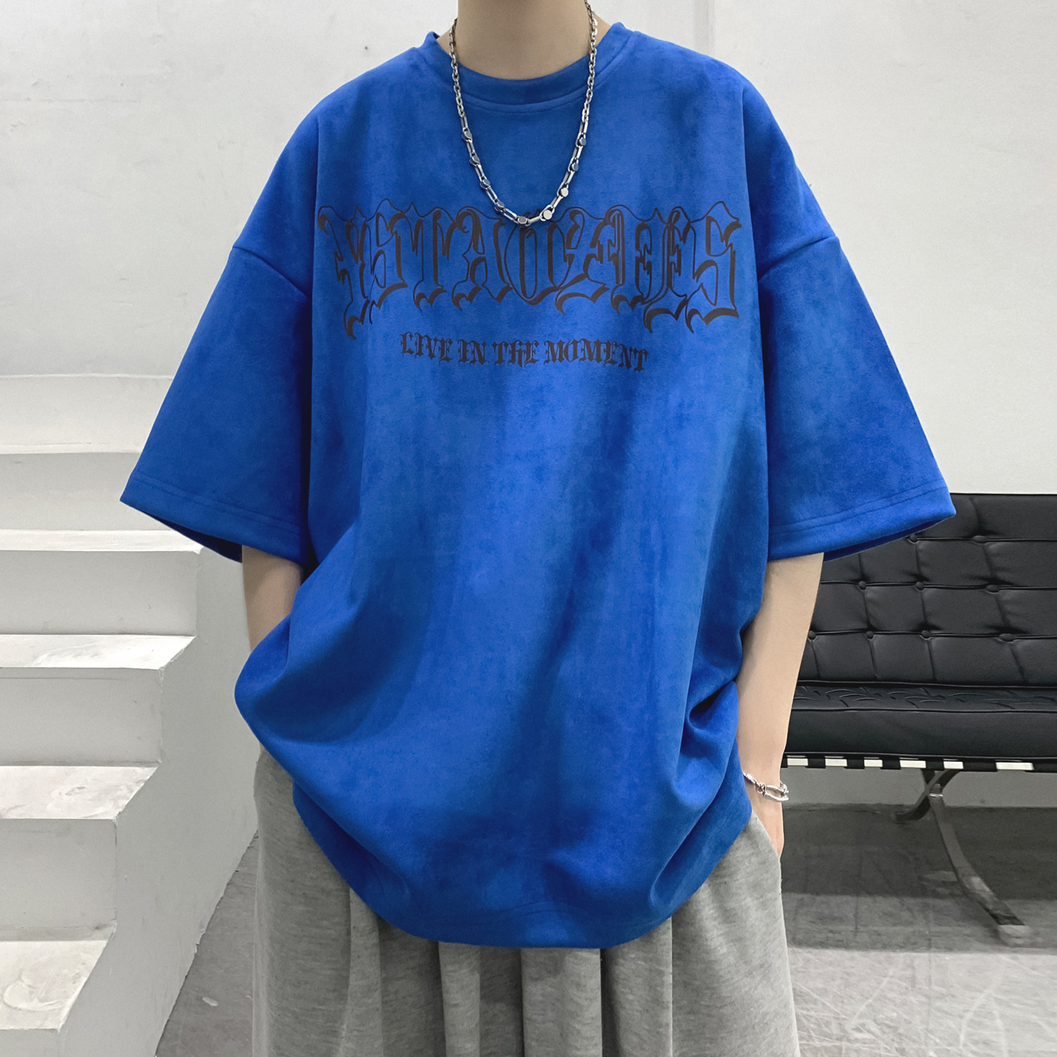 高克重磅t恤男短袖设计感小众欧美高街美式复古oversize七分袖夏