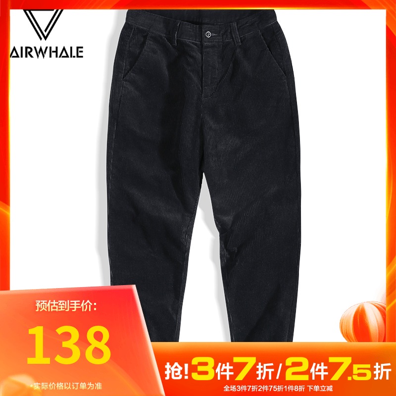 马克华菲休闲裤男宽松2021春秋潮流卡其色修身灯芯绒裤子男小脚裤