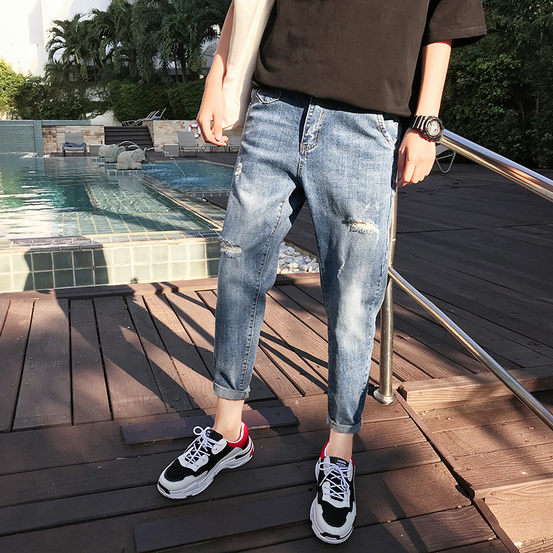 秋季潮流破洞牛仔裤男潮牌修身小脚九分裤韩版宽松网红裤子男休闲