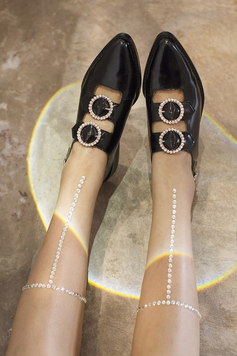 pinkpunkplank钻石圆扣复古春夏平底牛皮穆勒凉鞋时装凉鞋