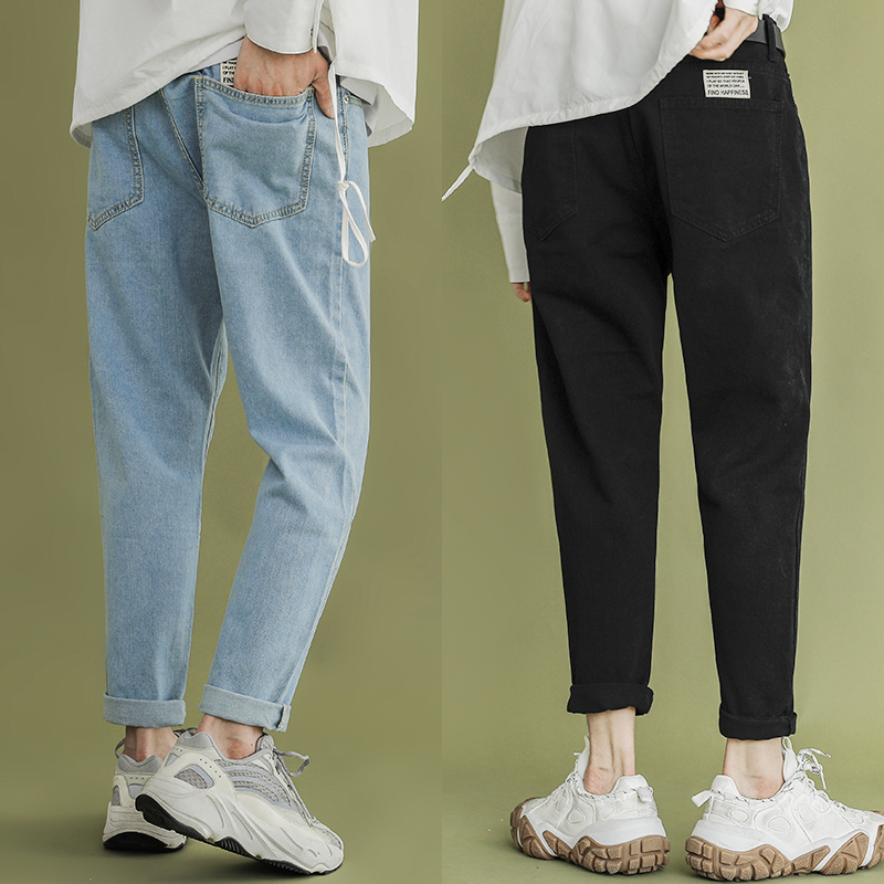 秋冬男生长裤港风休闲浅色牛仔裤宽松直筒百搭修身小脚九分潮裤子
