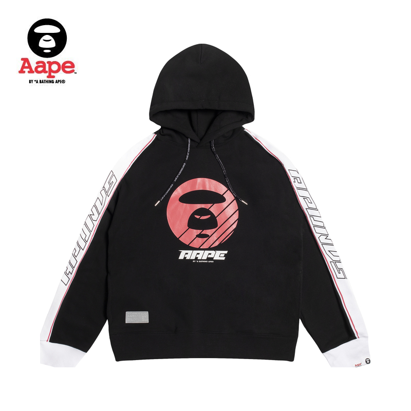 Aape女装秋冬猿颜印花袖部字母撞色拼接连帽加绒卫衣3501XXB