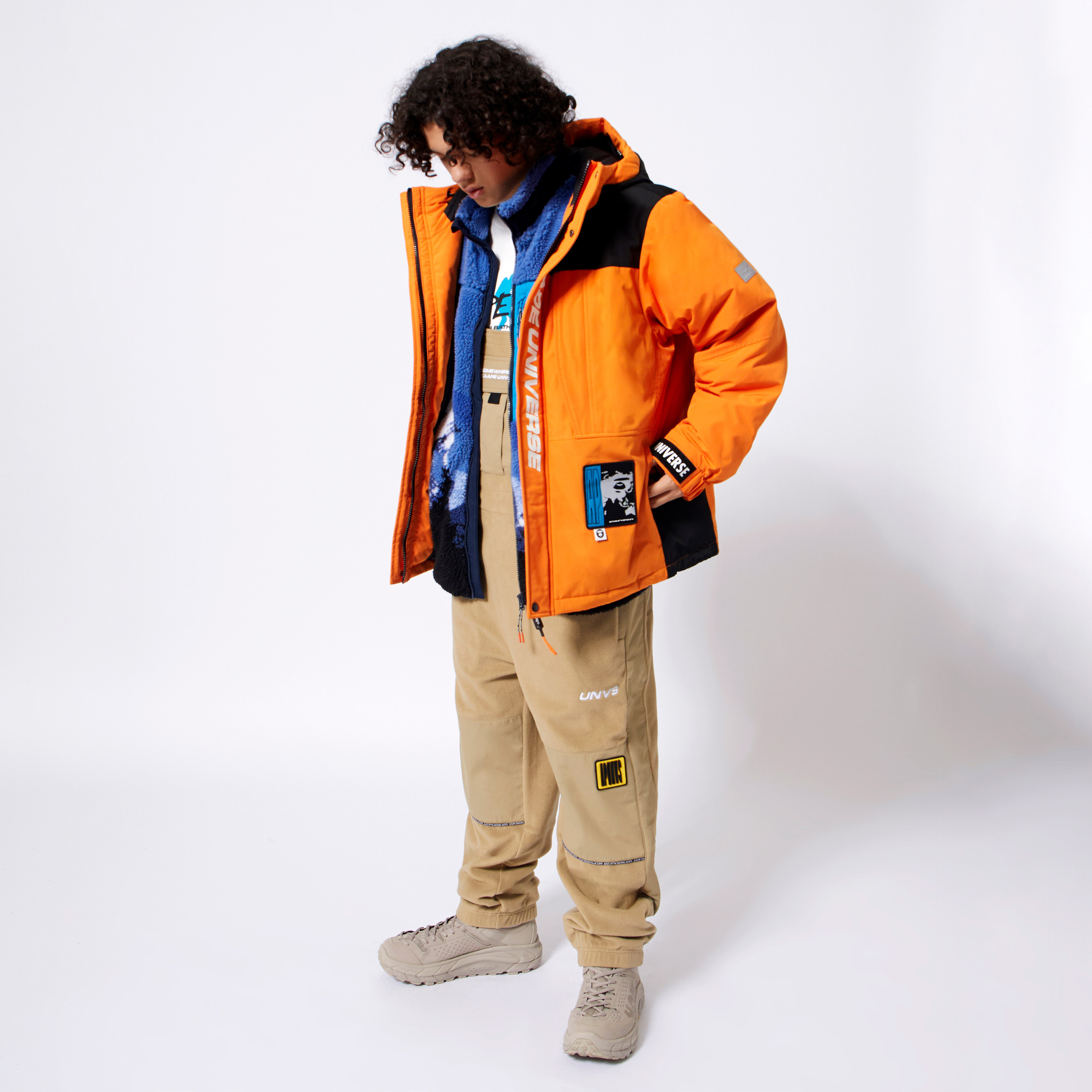 aape旗舰店男装秋冬猿颜徽章印花拼接连帽羽绒服外套7439xxh