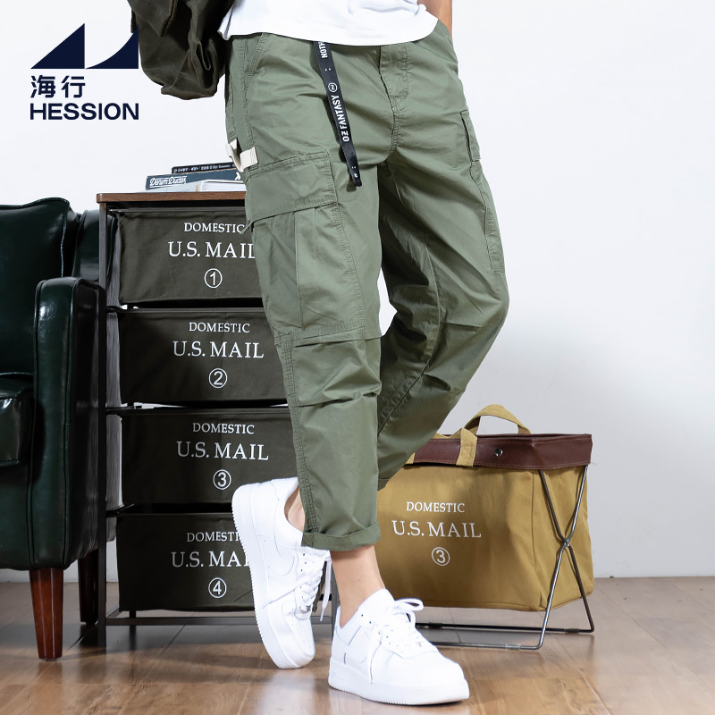 【断码清75折】军绿色薄款工装裤男 夏季宽松裤子 潮牌直筒八分裤