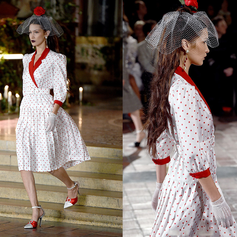 bellahadid贝拉同款撞色红色西装白色波点连衣裙连衣裙