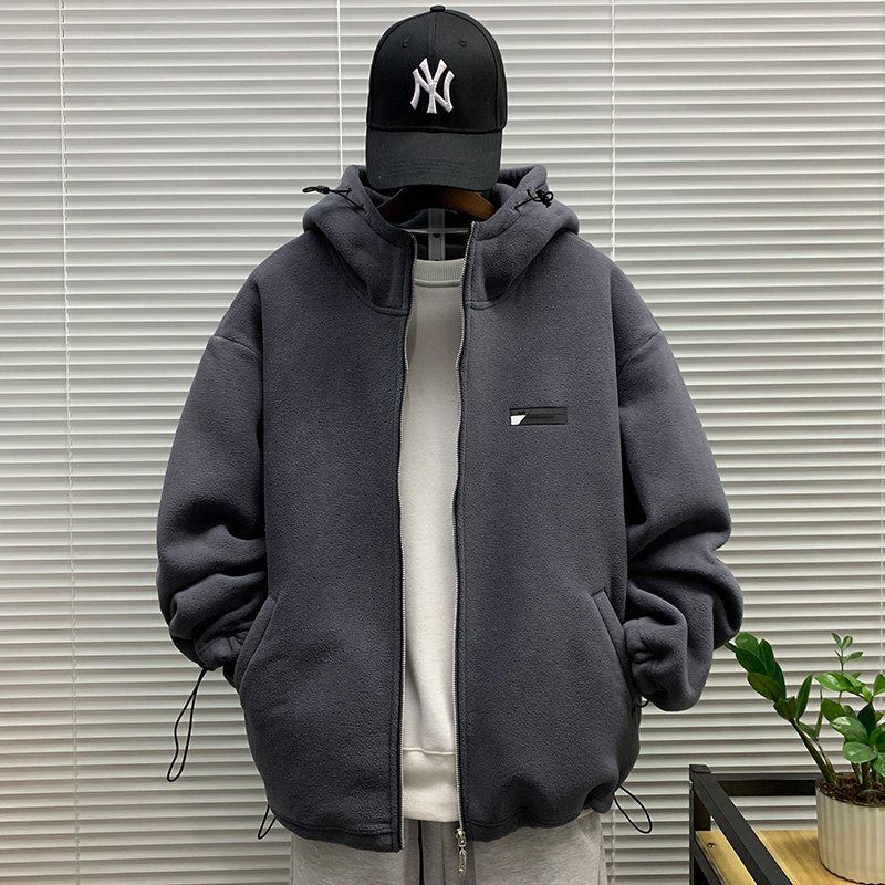 2021新款秋冬季简约韩版潮牌加厚摇粒绒连帽卫衣外套男士宽松夹克