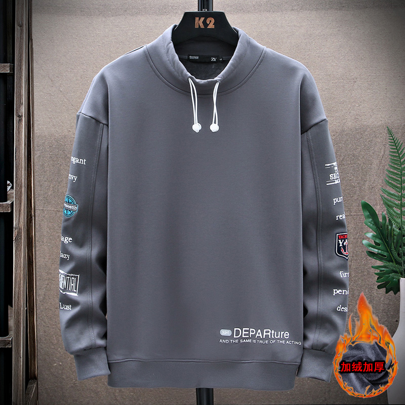 加绒加厚卫衣男冬季新款潮流宽松半高领长袖t恤男士帅气冬装上衣