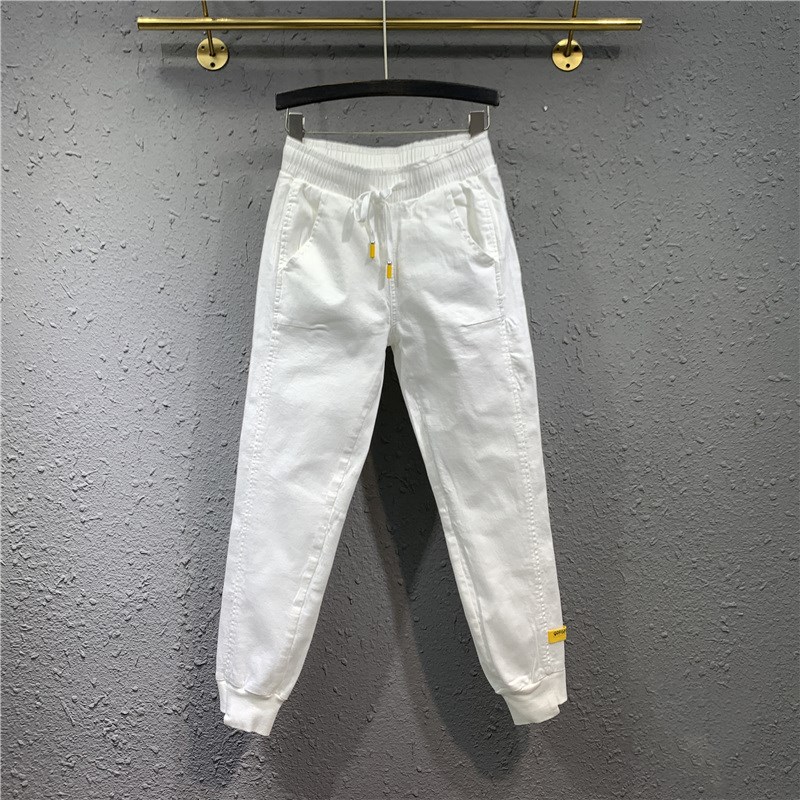 潮牌简约白色松紧高腰牛仔裤女2022年夏季宽松休闲百搭束脚哈伦裤