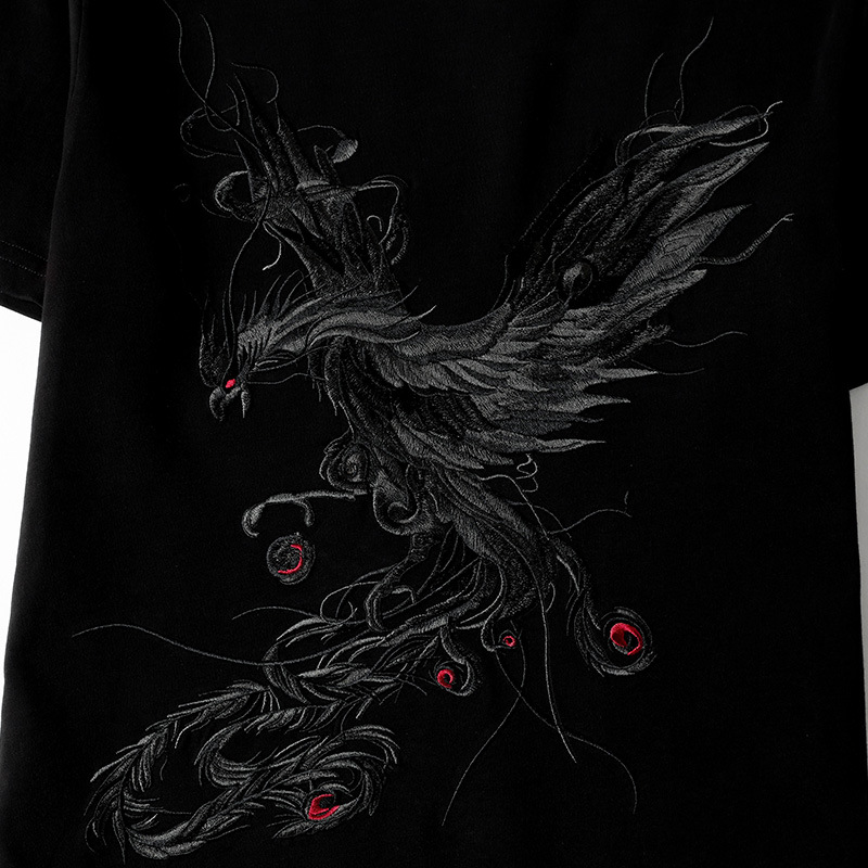 2021新款中国风凤凰刺绣T恤男纯棉半袖潮情侣装宽松短袖t恤上衣潮