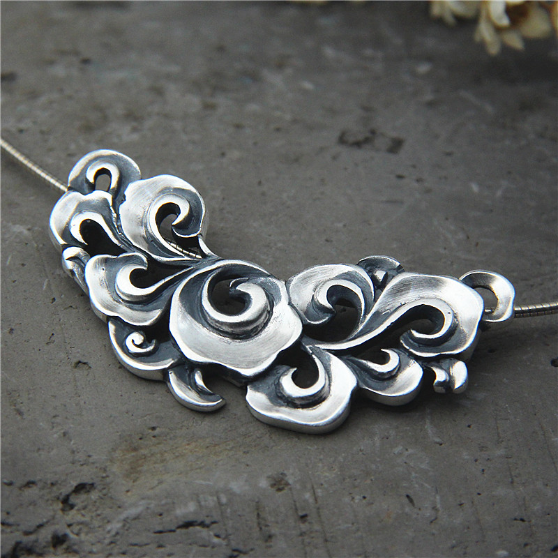 古朴手工银饰品s990足银祥云吊坠纯银复古文艺项坠