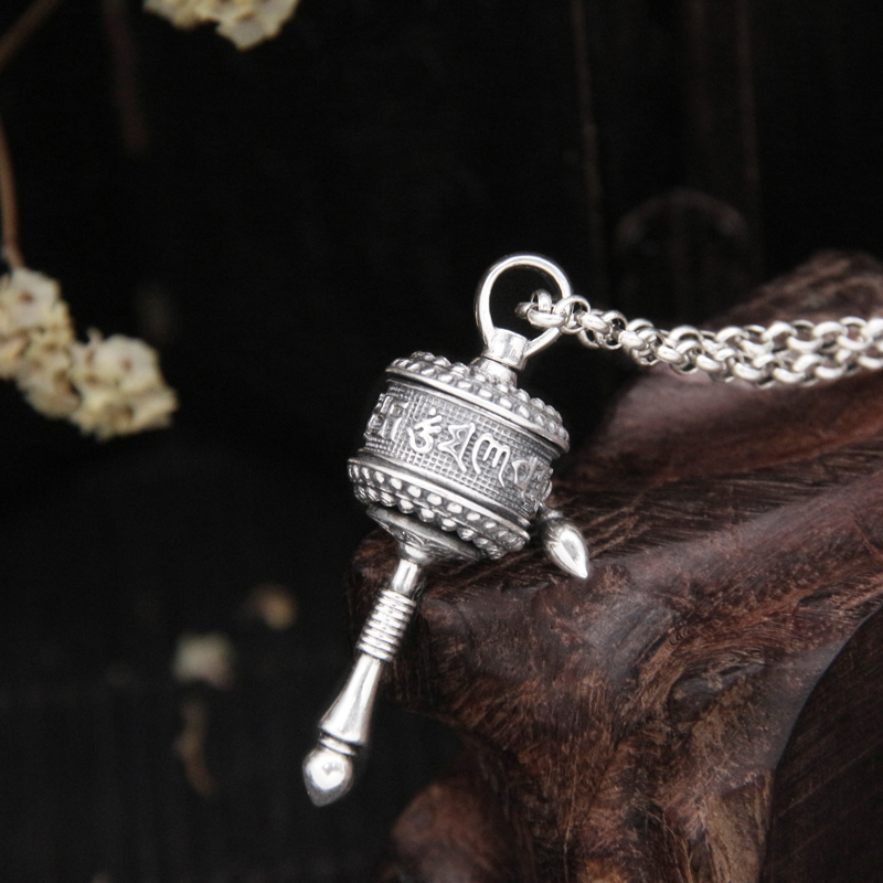 古朴银饰s925纯银手摇转经筒吊坠男女复古转运项坠