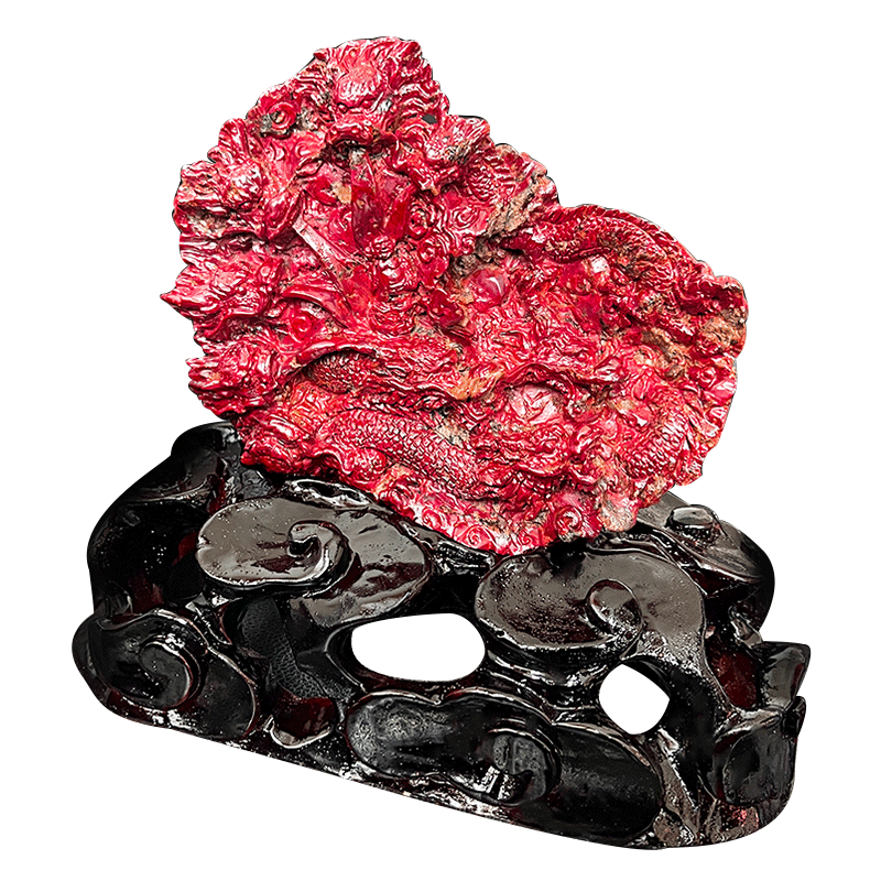 朱砂原矿石摆件官方旗舰店手工雕刻九龙盘珠家宅办公收藏送礼饰品