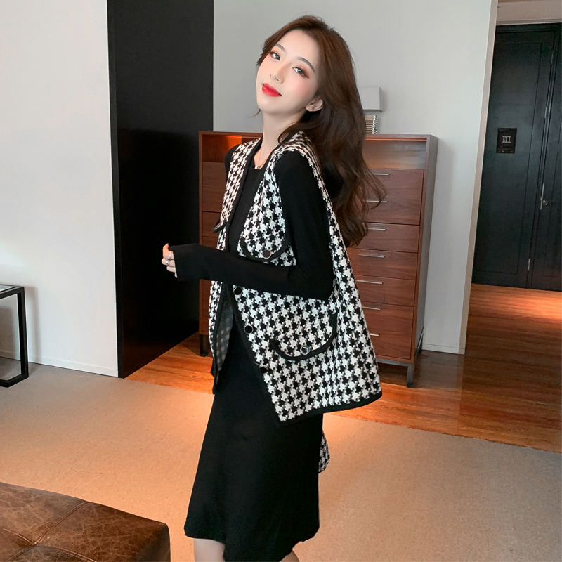 轻奢名媛小香风千鸟格子网红马甲套装女秋冬打底针织连衣裙两件套