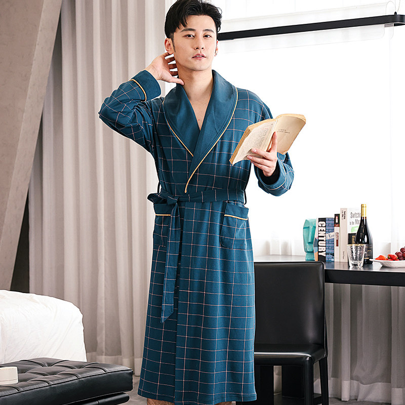 睡袍夏季纯棉长袖长款男士浴袍男薄款结婚新款睡袍