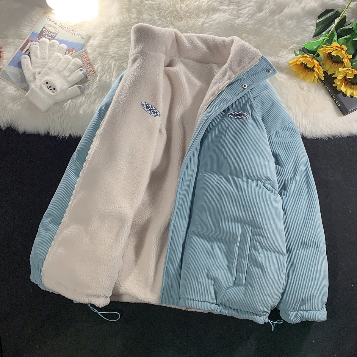 灯芯绒棉服男秋冬季潮牌加厚韩系立领羊羔毛外套两面穿情侣装棉袄