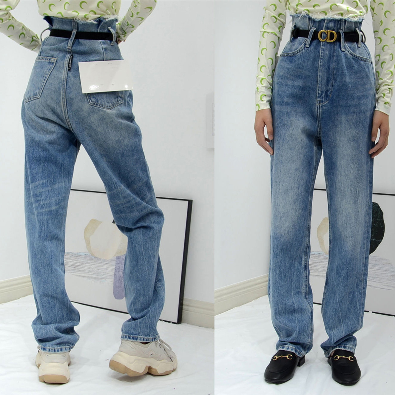 aw大王2019秋冬毛边无腰头高腰阔腿牛仔长裤牛仔裤