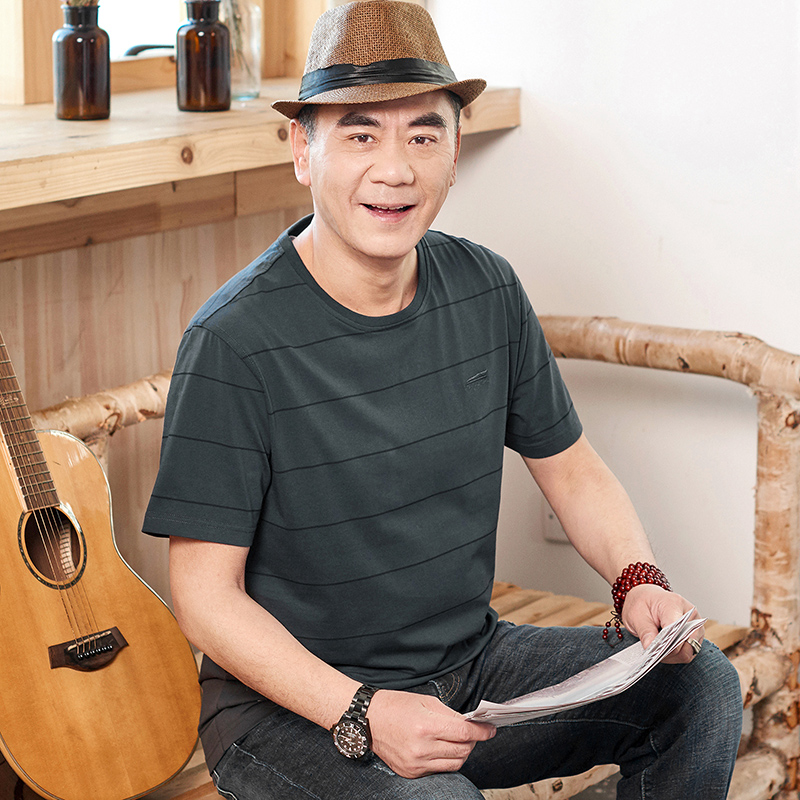 爸爸装t恤短袖中年男士上衣服夏季薄新款老人半袖polo汗衫棉圆领