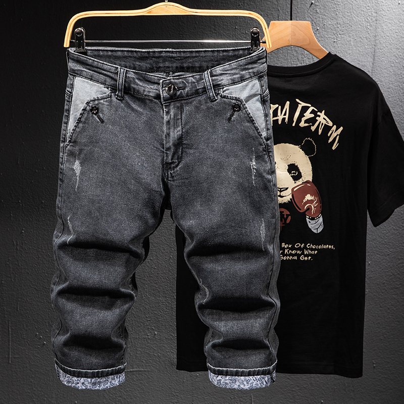 夏季烟灰色七分裤男潮牌斜插口袋牛仔短裤弹力7分中裤薄马裤套装