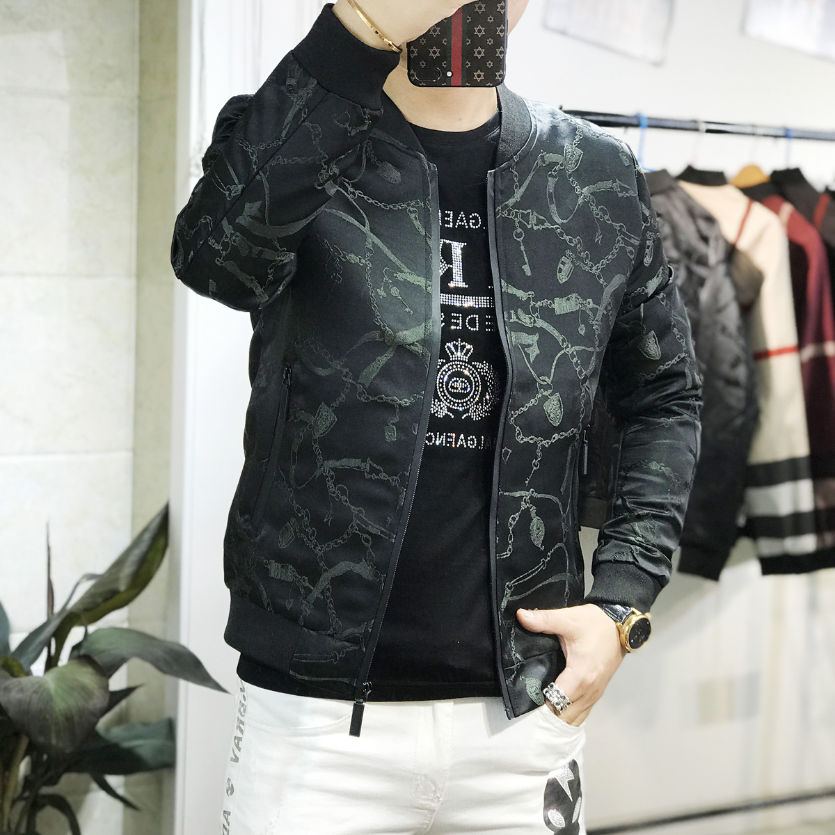 欧货春季外套男2022新款韩版潮流修身飞行员青年印花夹克男春秋潮