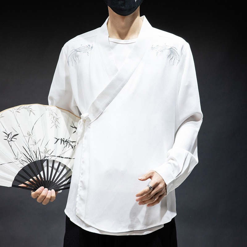 夏季汉服男古风斜襟衬衫长袖唐装中国国风道袍汉服