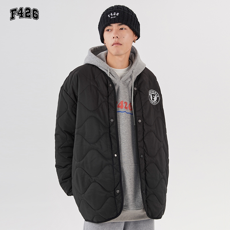 【F426官方店】国潮牌冬季情侣嘻哈波浪绗线无领宽松休闲棉服