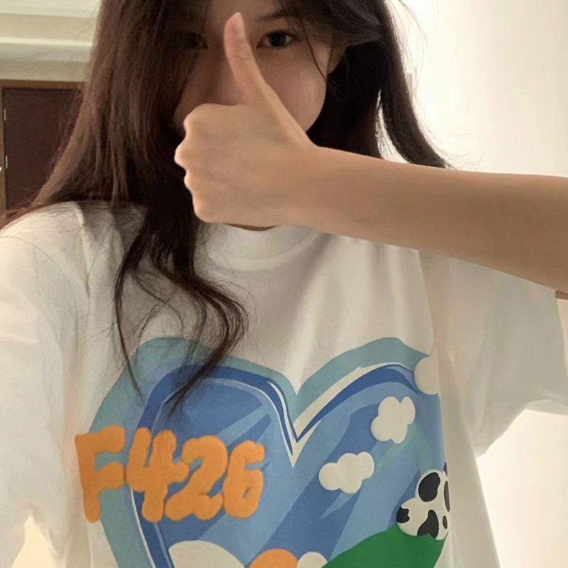 【F426官方店】国潮牌情侣嘻哈夏季蓝天奶牛发泡短袖宽松休闲T恤