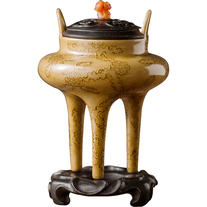 香炉青沉青拙黄地云纹高足景德镇陶瓷檀香家用手工香薰炉