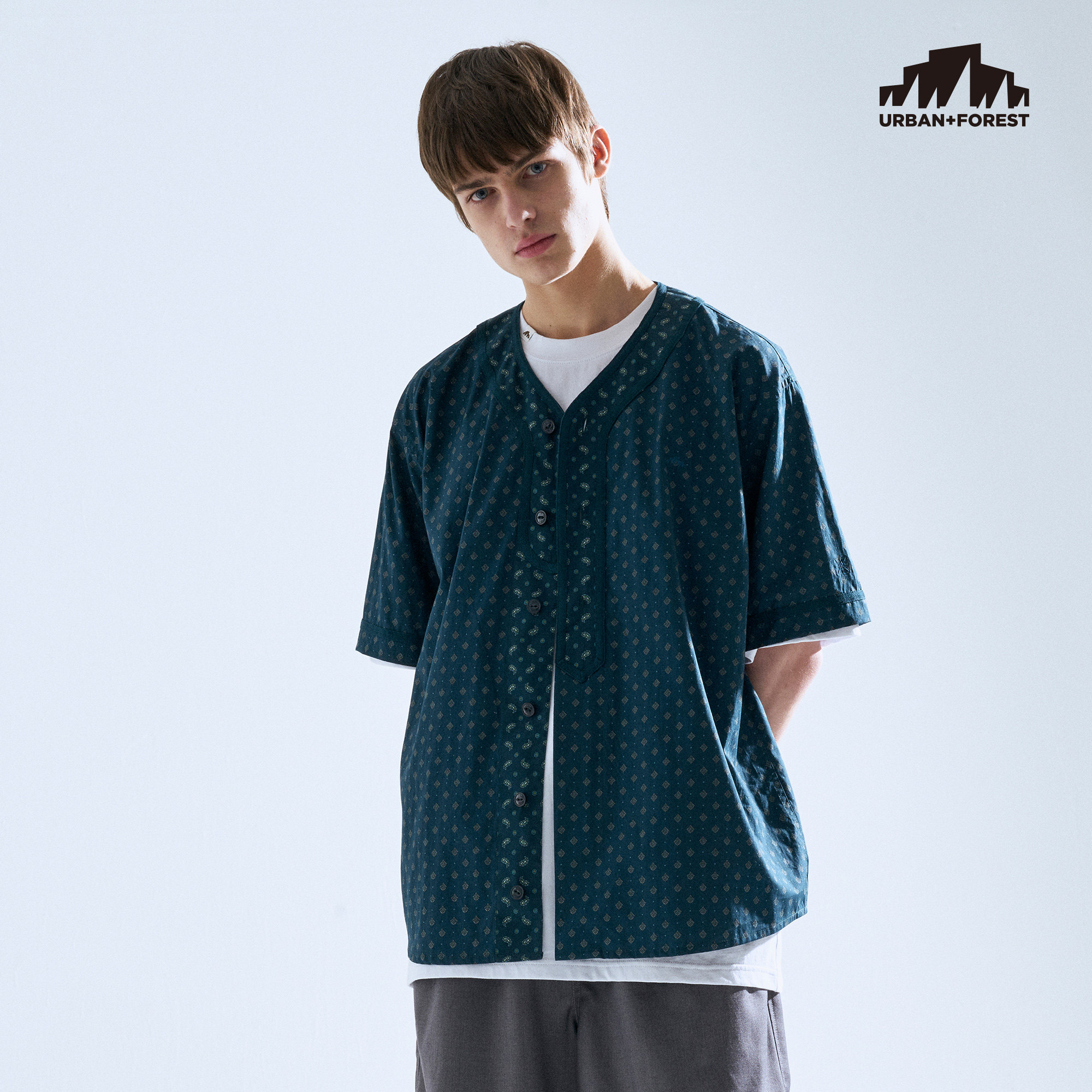 小纹柄棒球衬衫日系宽松五分户外露营衬衣urban衬衫