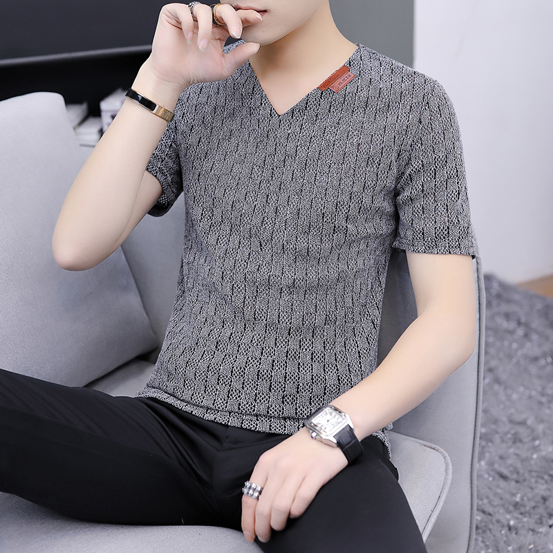男士短袖t恤V领韩版上衣服修身潮流大码夏装外穿体恤男装半袖汗衫