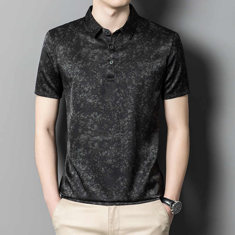 高档桑蚕丝短袖t恤男薄款印花真丝翻领Polo衫潮流高级感半袖上衣