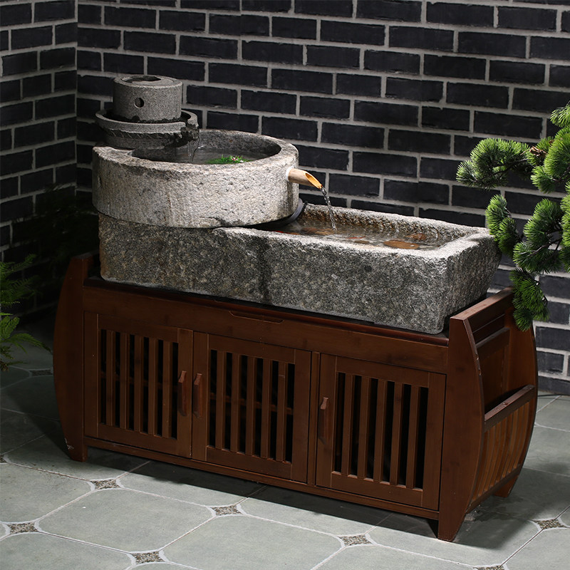 老石鱼缸木柜阳台水景循环流水养鱼摆件