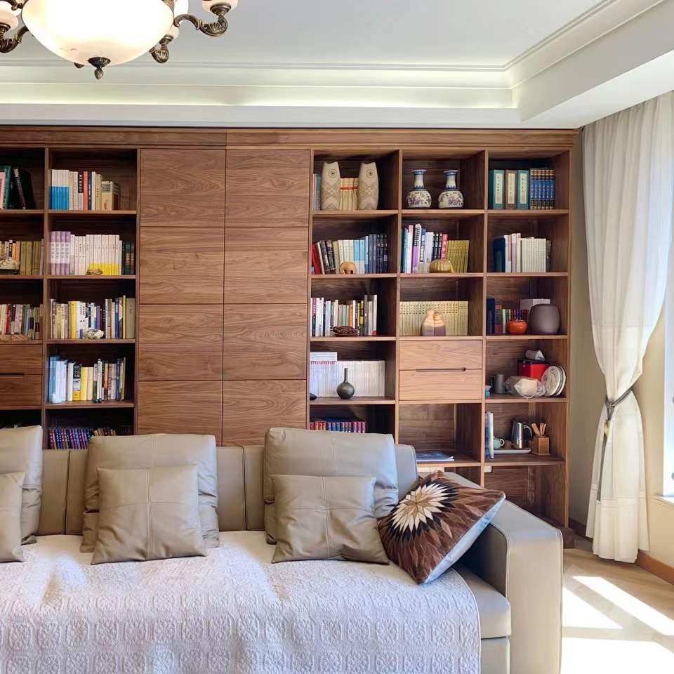 北美胡桃满墙书架定制樱桃原木客厅落地书柜书架