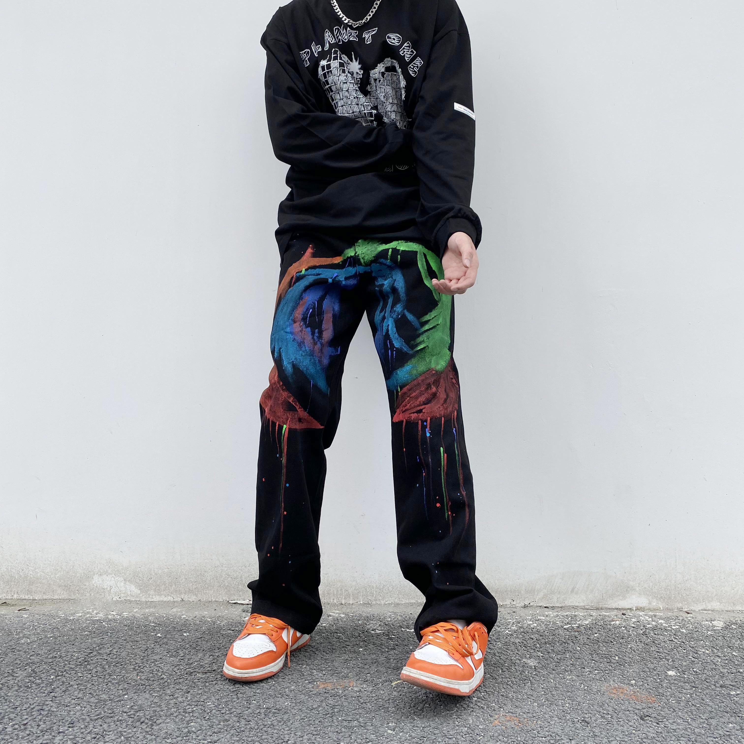 国潮小众高街泼墨涂鸦牛仔裤美式复古vibe宽松牛仔裤
